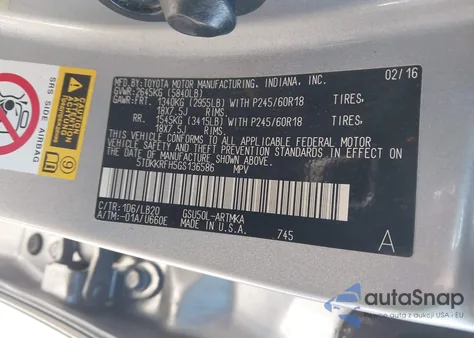 2016 Toyota Highlander Xle V6 z USA, uszkodzony, nr VIN 5TDKKRFH5GS136586